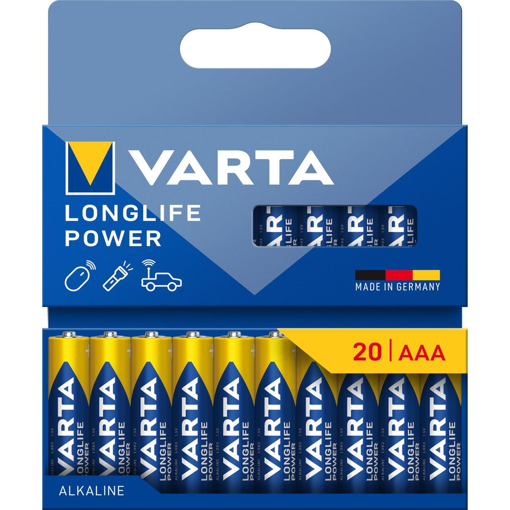 Batterie Varta Longlife Power AAA, confezione da 20, Made in Germany.