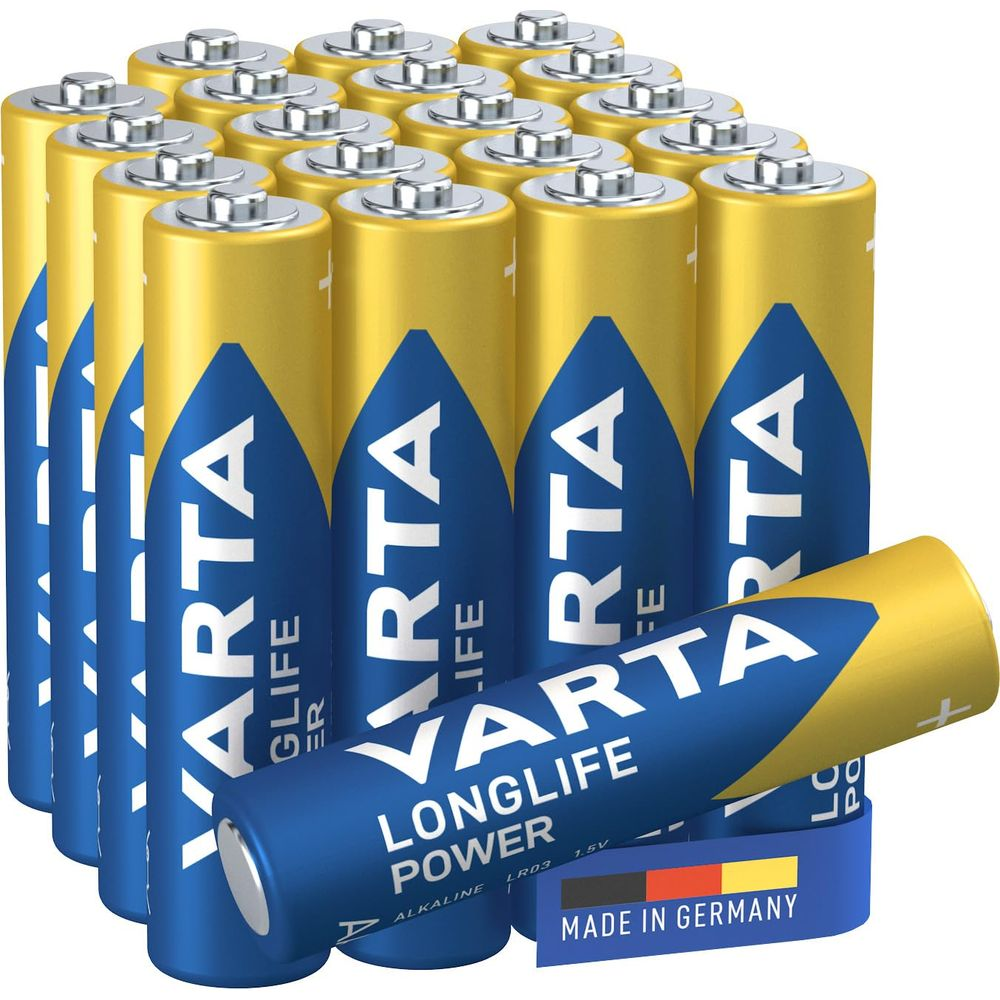 Batterie Varta Longlife Power in giallo e blu, una è davanti.