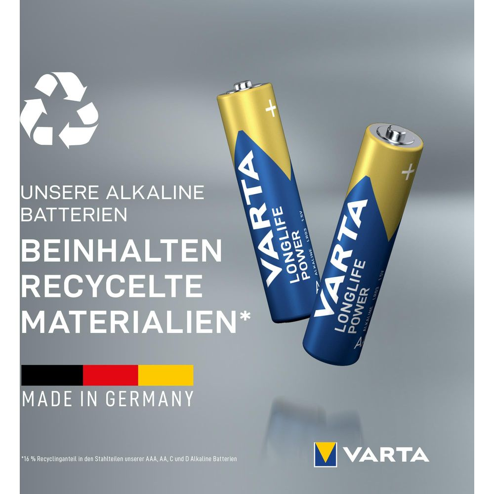 Due pile alcaline Varta con simbolo di riciclo e testo "Made in Germany".