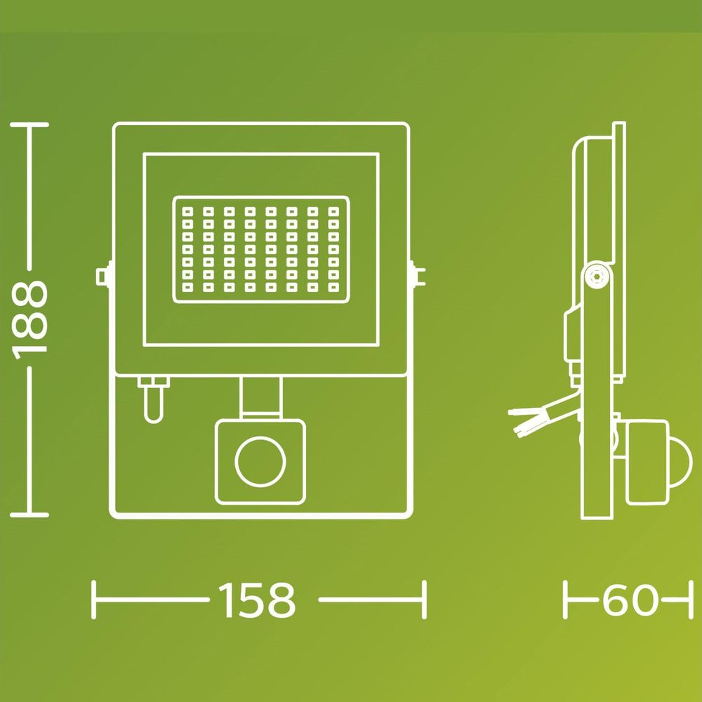 Rysunek techniczny naświetlacza o wymiarach 188x158x60mm.