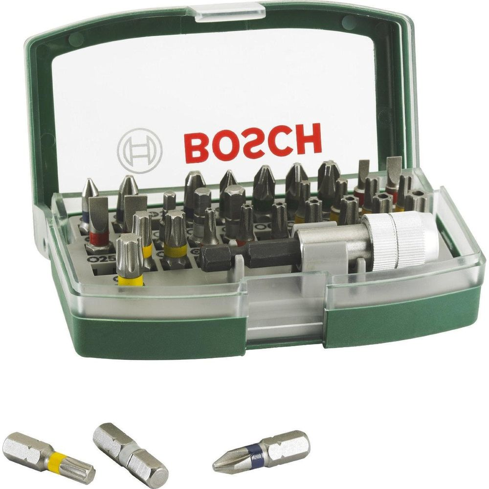 Bosch Bit-Set im grünen Kasten mit verschiedenen Bits und einem Halter.