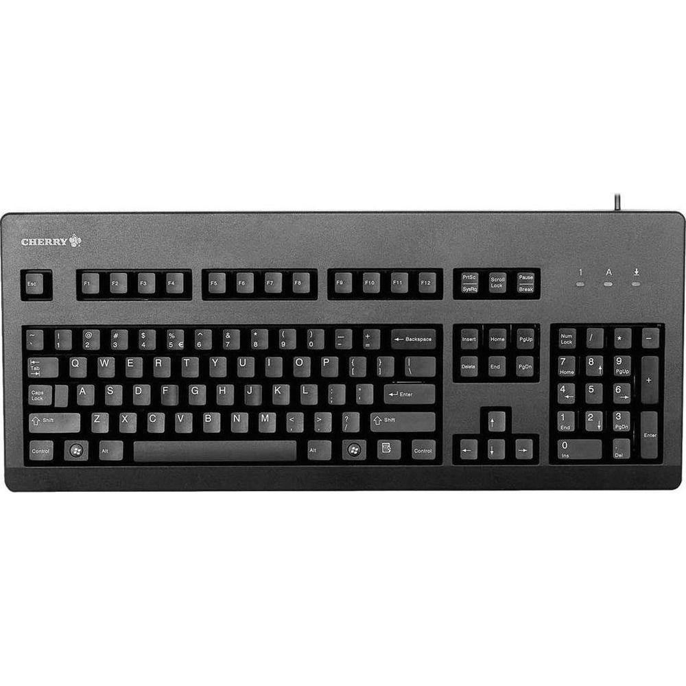 Eine schwarze Cherry-Tastatur mit vollständigem Layout und Nummernblock.