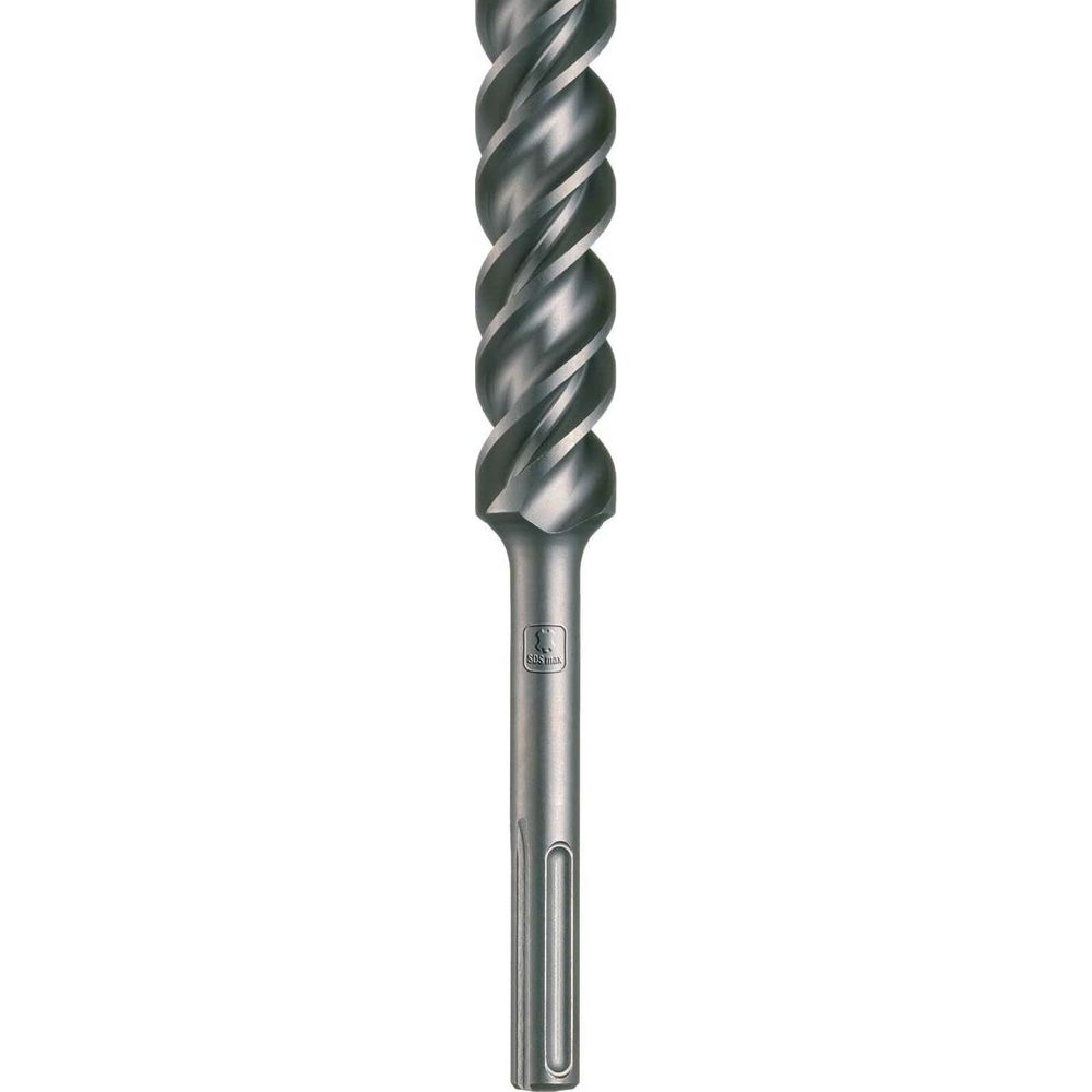 Ein metallischer Bohrer mit Spiralnut und SDS-max-Schaft.