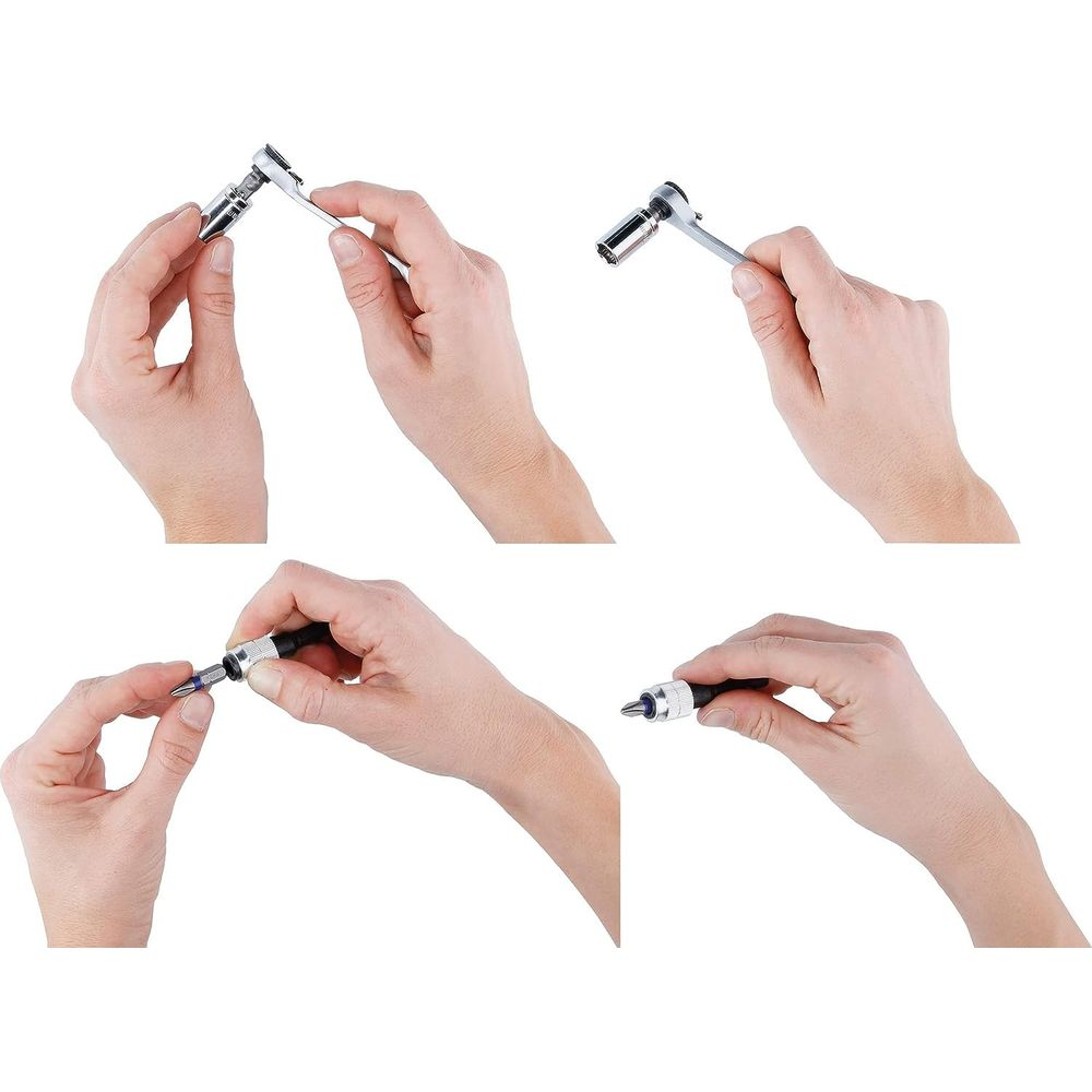 Quatre mains tenant des outils : cliquet avec embouts, fixation d'embouts.