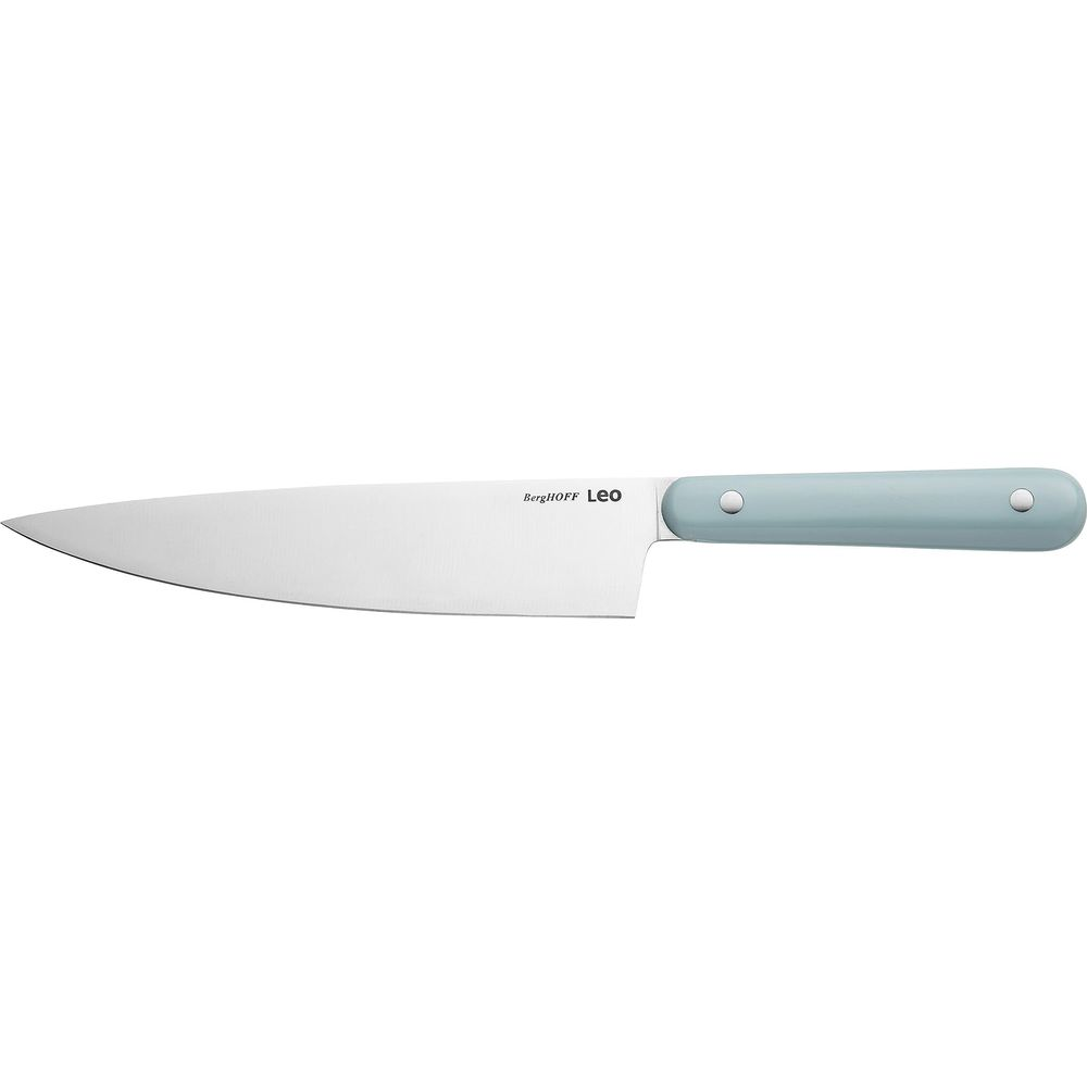 A kitchen knife with a silver blade and a light blue handle.