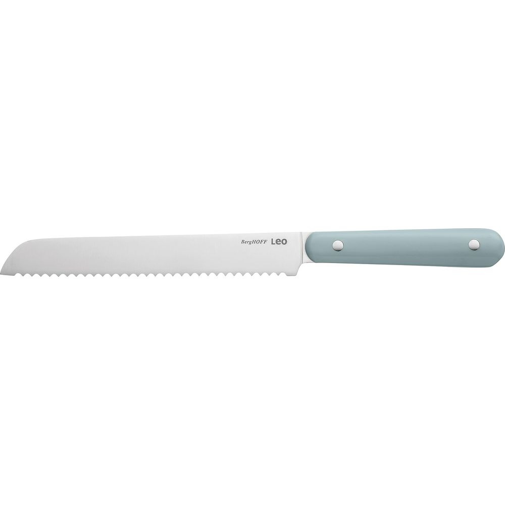 A bread knife with a serrated blade and a light blue handle.