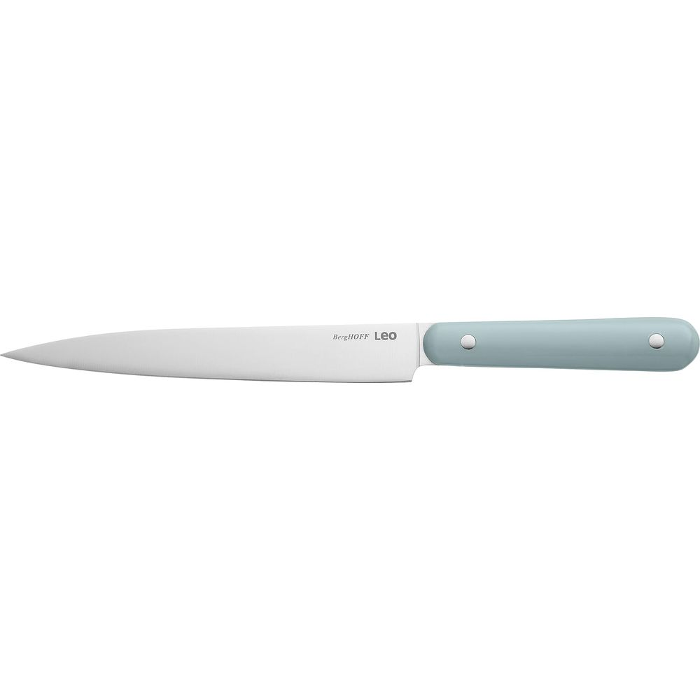 A kitchen knife with a silver blade and a light blue handle.
