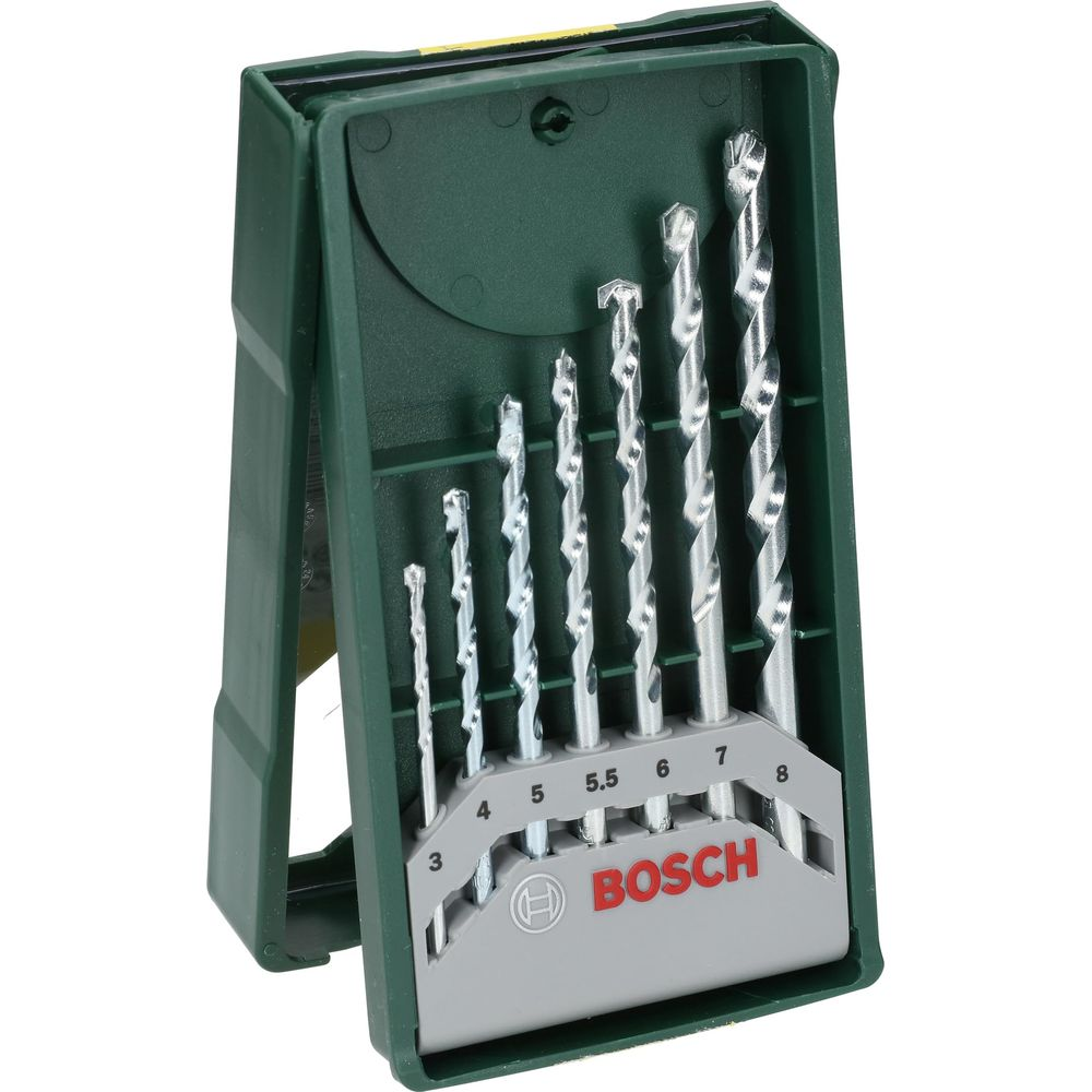 Bosch matkap ucu seti, boyut işaretli yeşil plastik kutuda.
