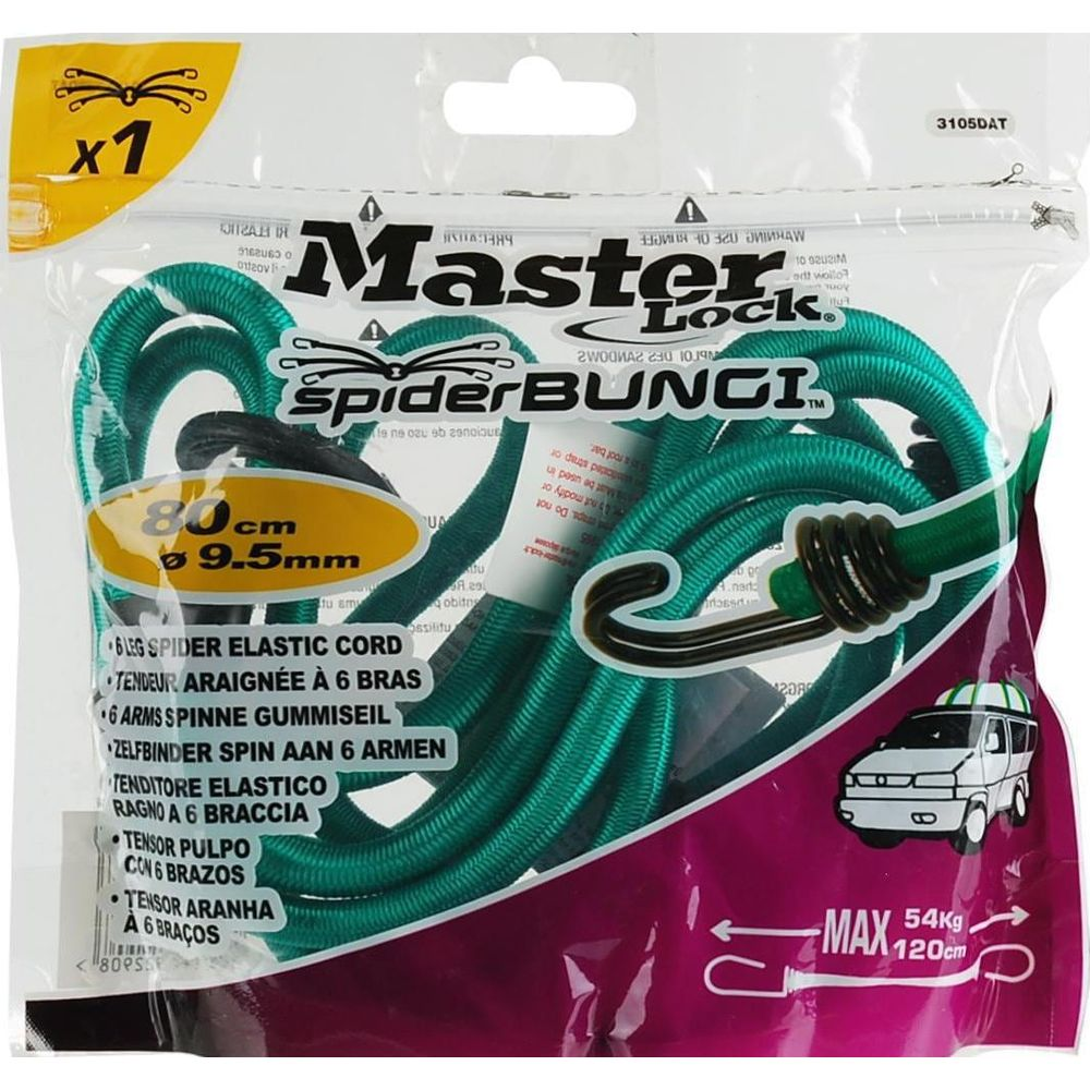 Corda elastica verde Master Lock SpiderBungee da 80cm/9.5mm, 6 braccia.