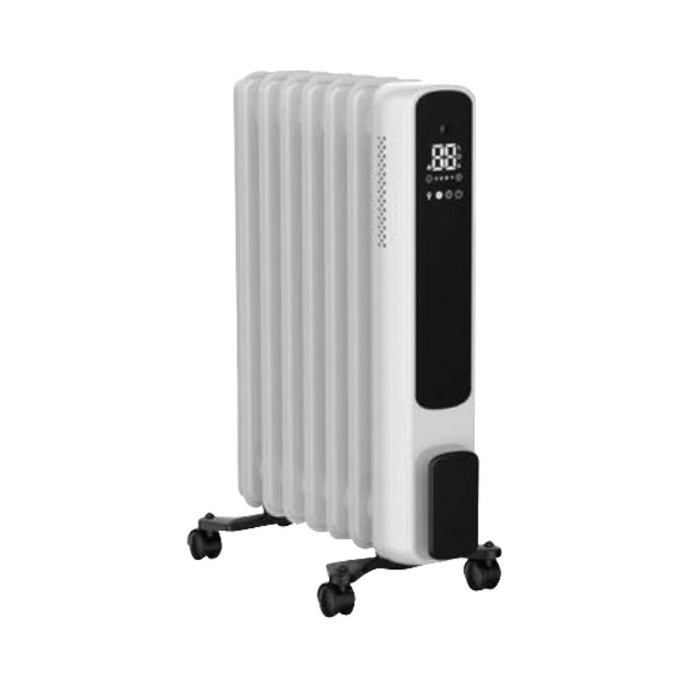 Un radiatore a olio bianco con ruote e display digitale.