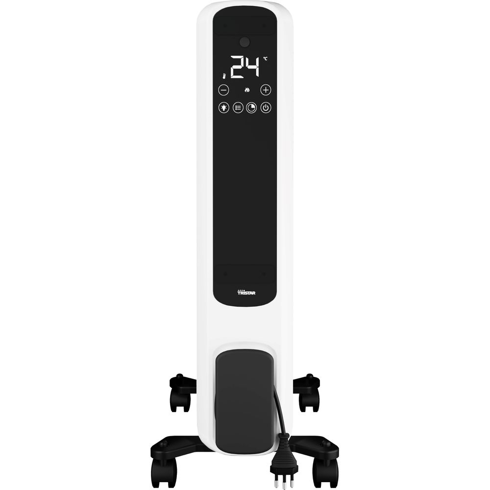 Un radiatore bianco con display digitale che mostra 24°C.