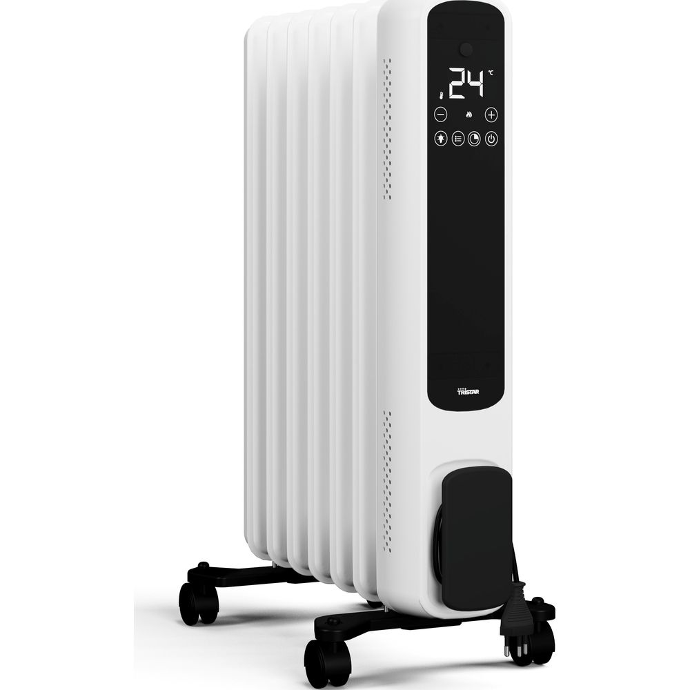 Radiatore a olio bianco con controlli digitali e ruote.