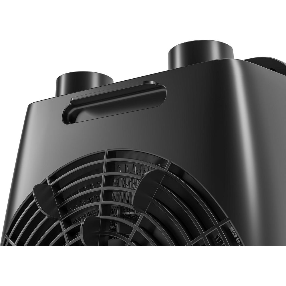 Zbliżenie czarnego grzejnika wentylatorowego z uchwytem i kratką.