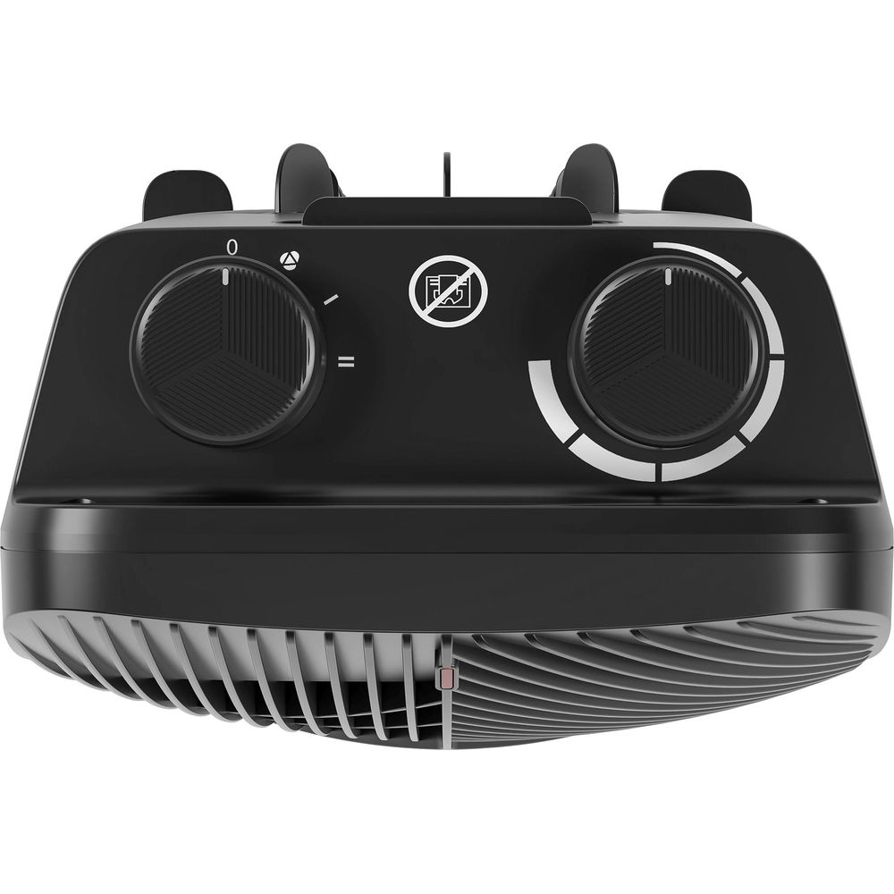 Czarna grzałka wentylatorowa z dwoma pokrętłami i przednimi żaluzjami.