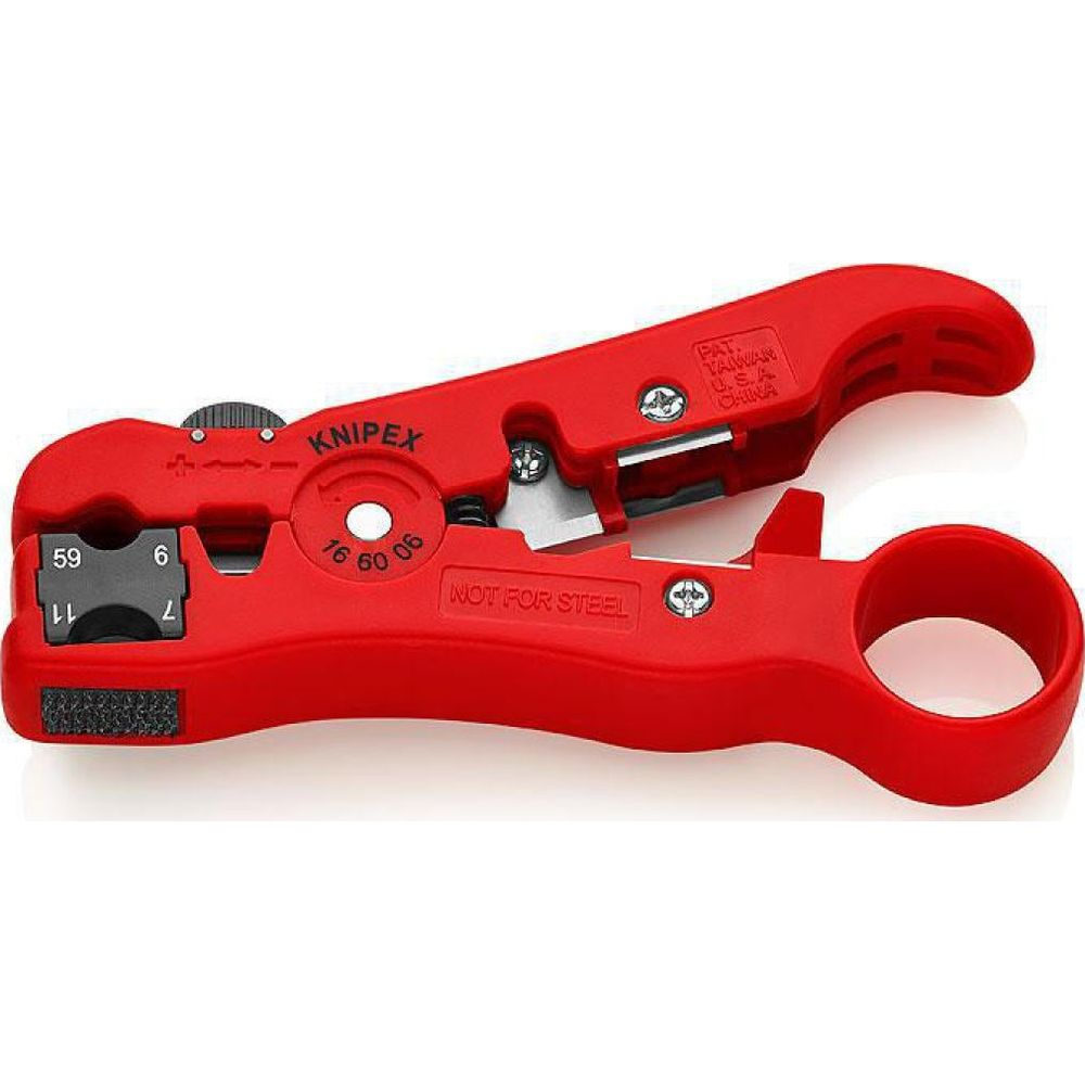 Pelacables Knipex rojo con marcas y cuchillas.