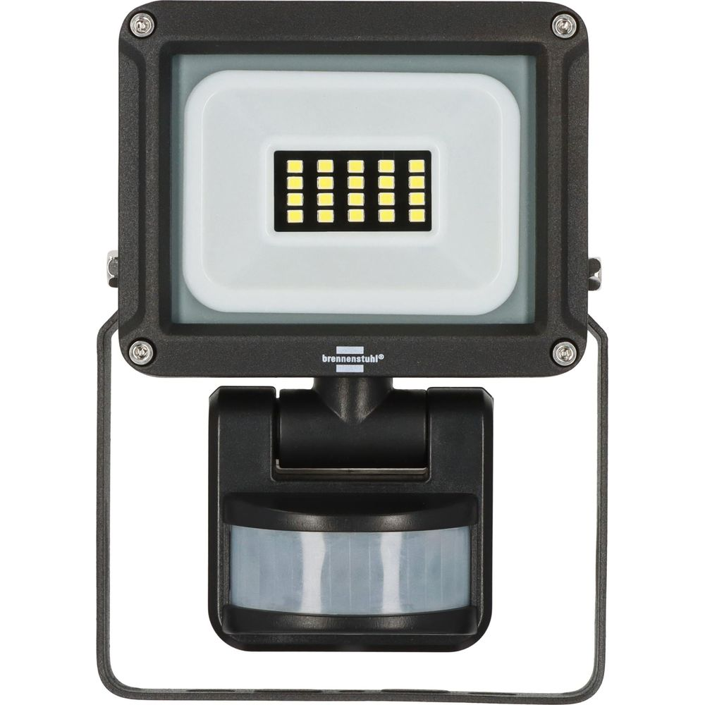 Schwarzer LED-Strahler mit Bewegungsmelder und Metallbügel.