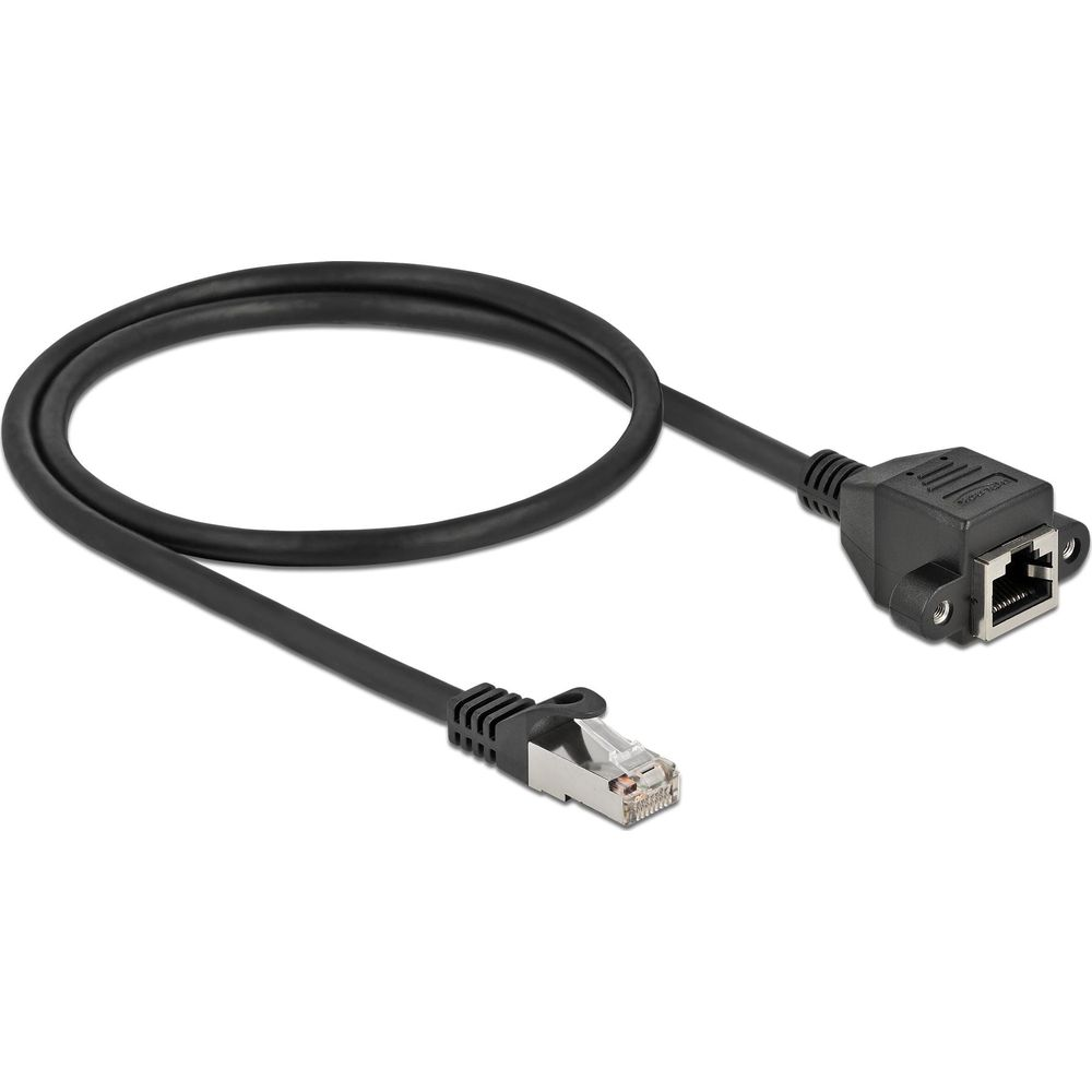 Câble Ethernet noir avec connecteurs et prise RJ45.