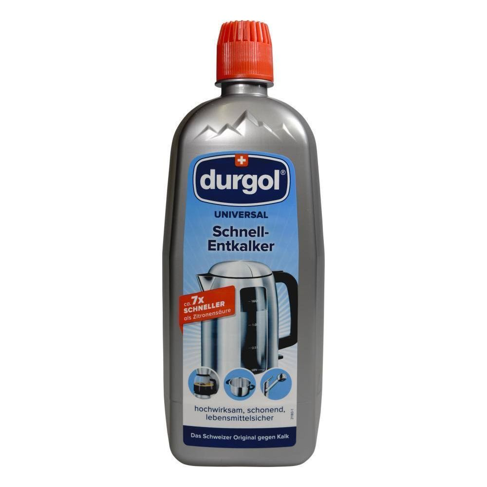 Durgol Universal Schnell-Entkalker Flasche mit rotem Deckel. Motiv: Kessel.