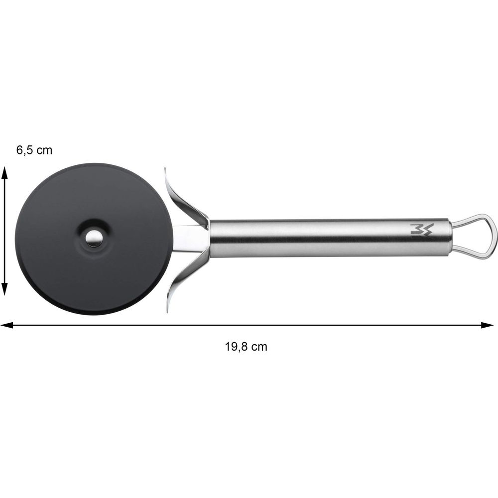 Edelstahl Pizza Schneider mit schwarzem Rad, 6,5 cm Durchmesser.