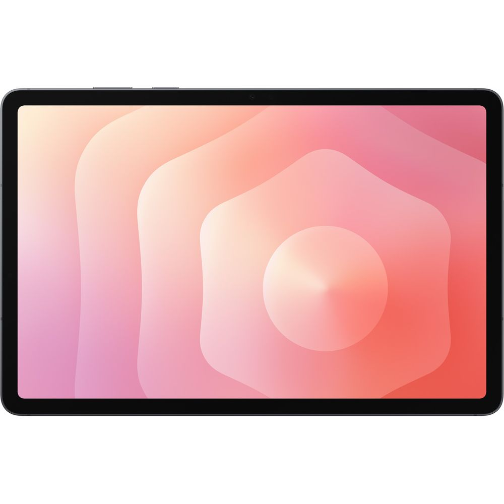 Tablet z abstrakcyjnym tłem w odcieniach różu i pomarańczu.