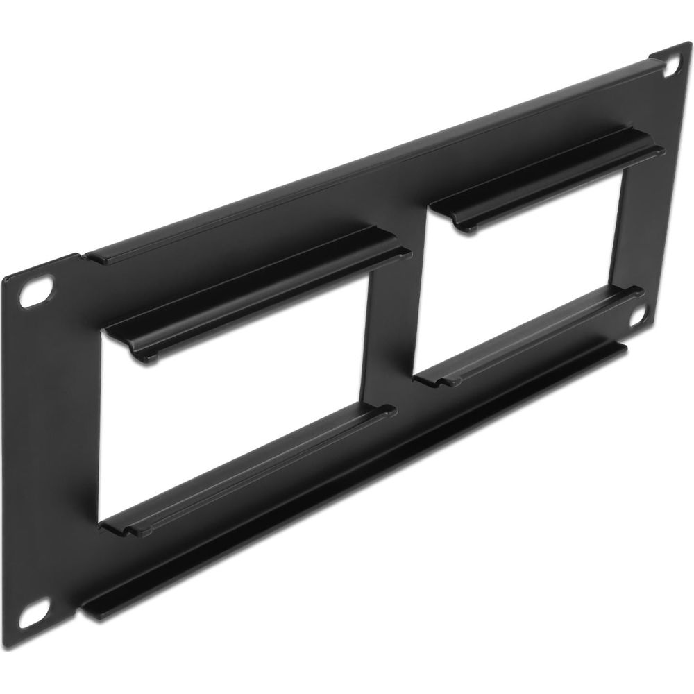 Schwarzer Metallrahmen mit zwei rechteckigen Aussparungen für Rack-Montage.