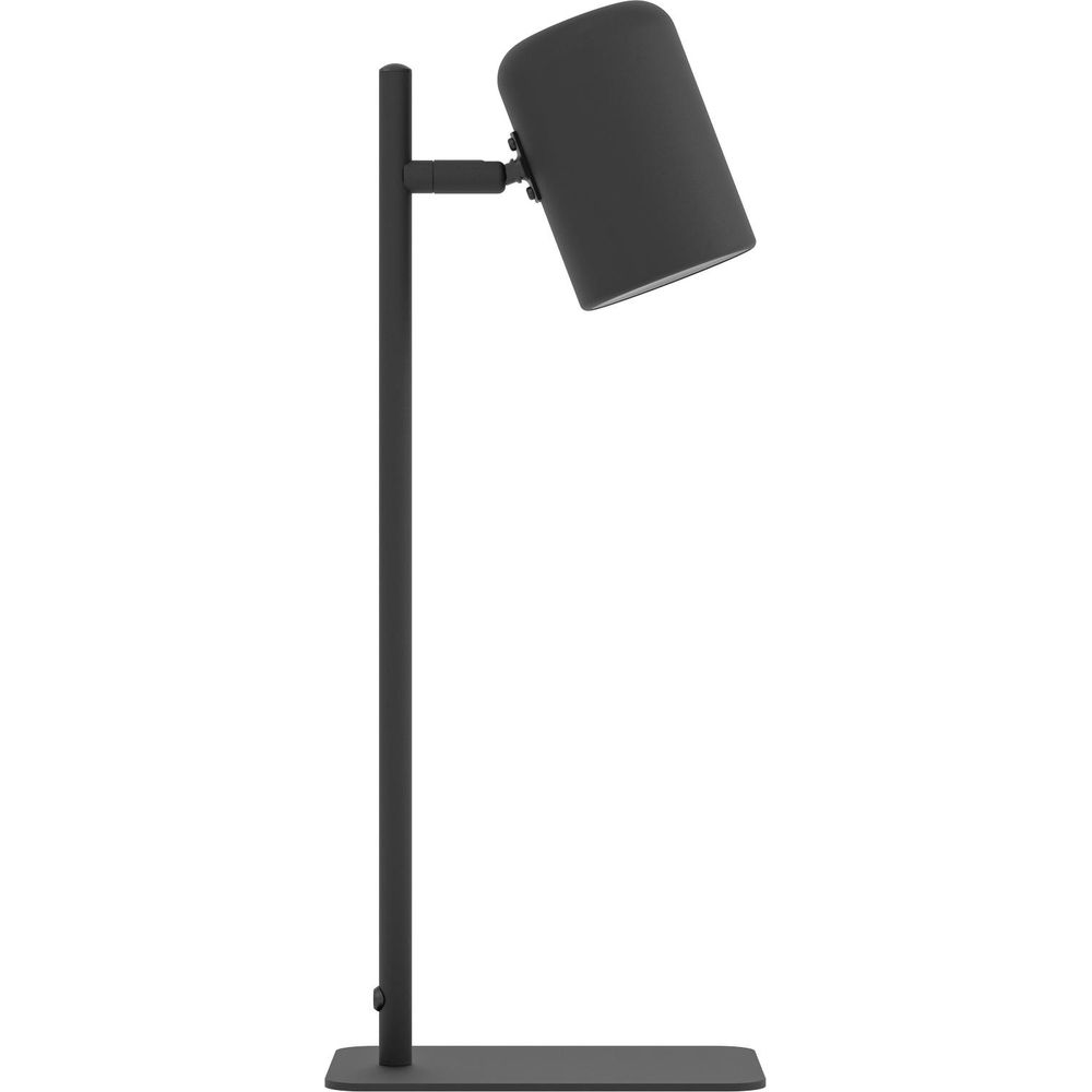 Ein schwarzer Schreibtischlampe mit zylindrischem Kopf und rechteckiger Basis.
