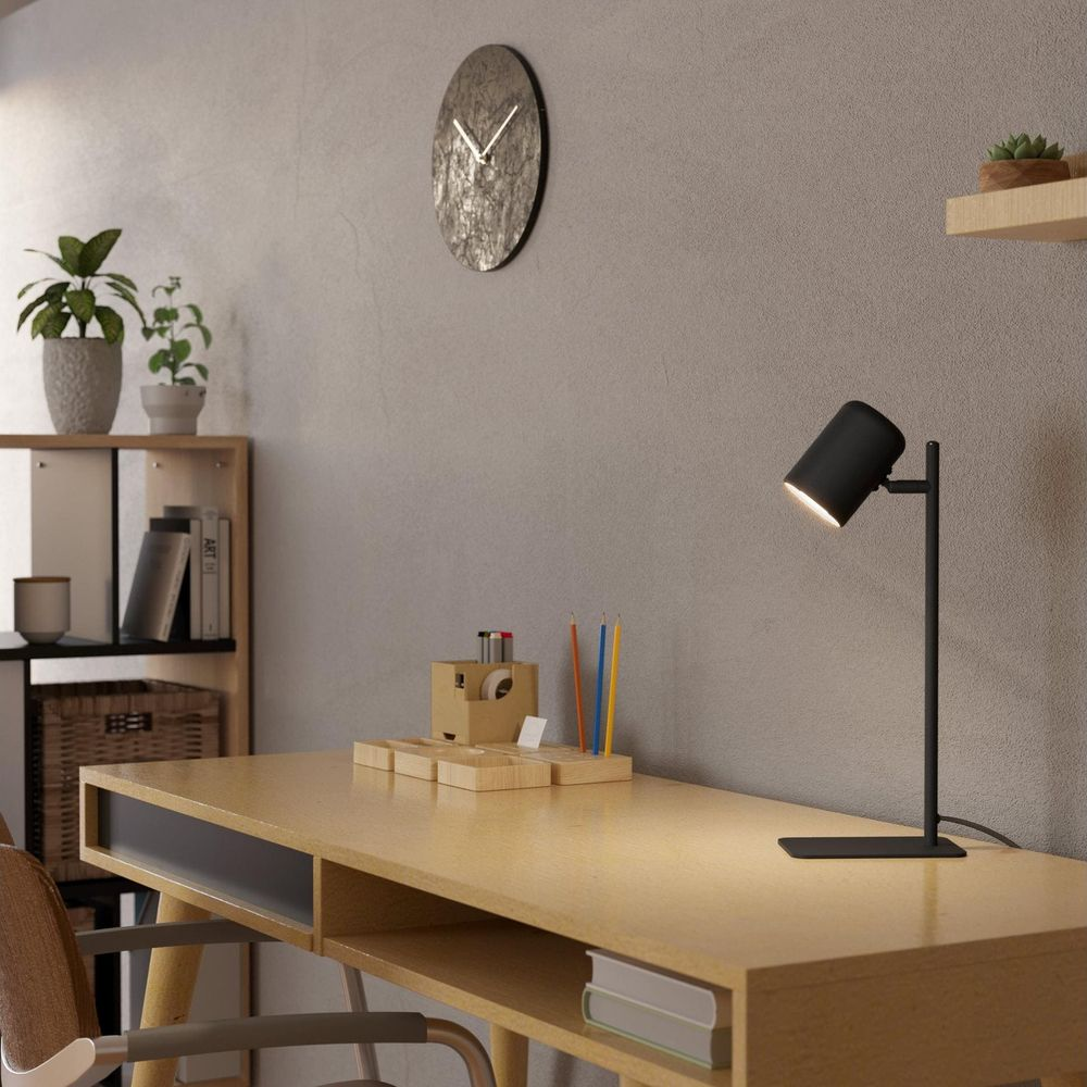 Ein Schreibtisch mit Lampe, Pflanzen und Uhr.