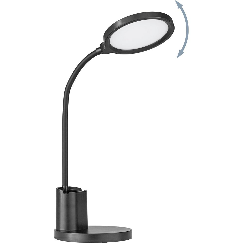 Eine schwarze Schreibtischlampe mit flexibler Halterung und ovalem Lichtkopf.