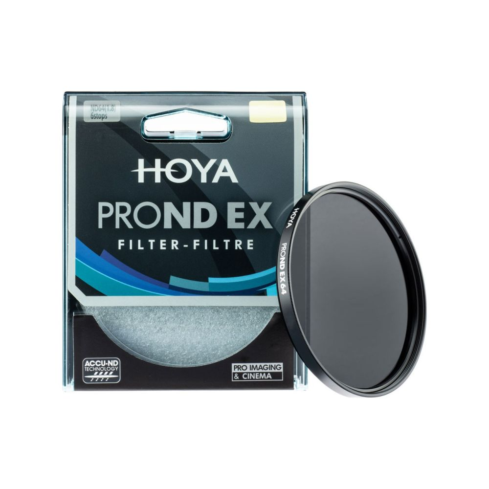 Ein Hoya PROND EX 64 ND Filter mit Verpackung auf weißem Hintergrund.