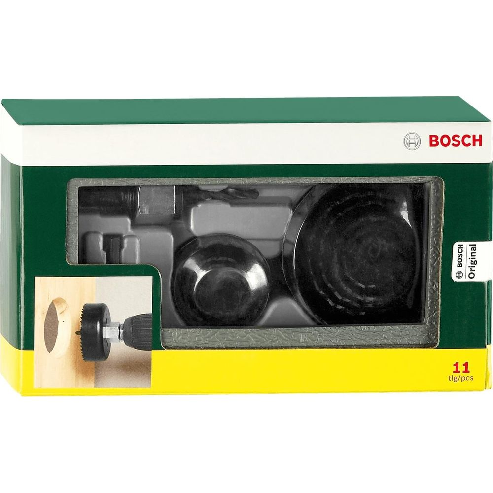 Bosch aksesuvar kutusu, ahşapta delik testere seti ve matkap aleti.