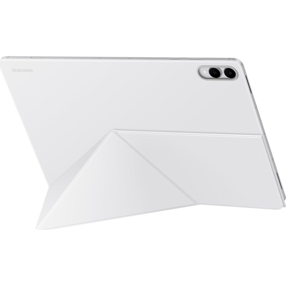 Biały tablet Samsung ze złożoną okładką służącą jako podstawka.