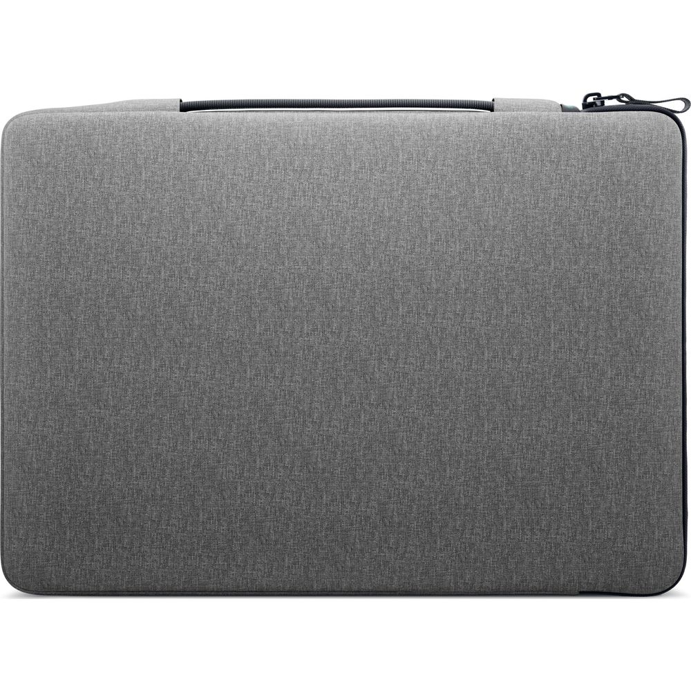 Borsa grigia per laptop con manico e cerniera neri.