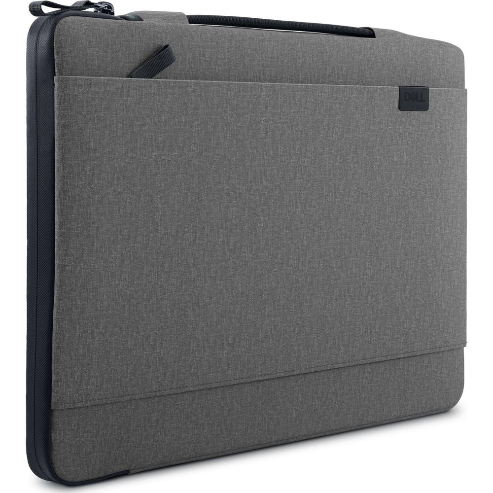 Borsa grigia per laptop Dell con tasca e manico superiore.