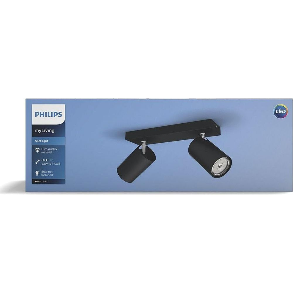 Philips myLiving schwarzer Strahler mit zwei verstellbaren Köpfen an schwarzer Stange.