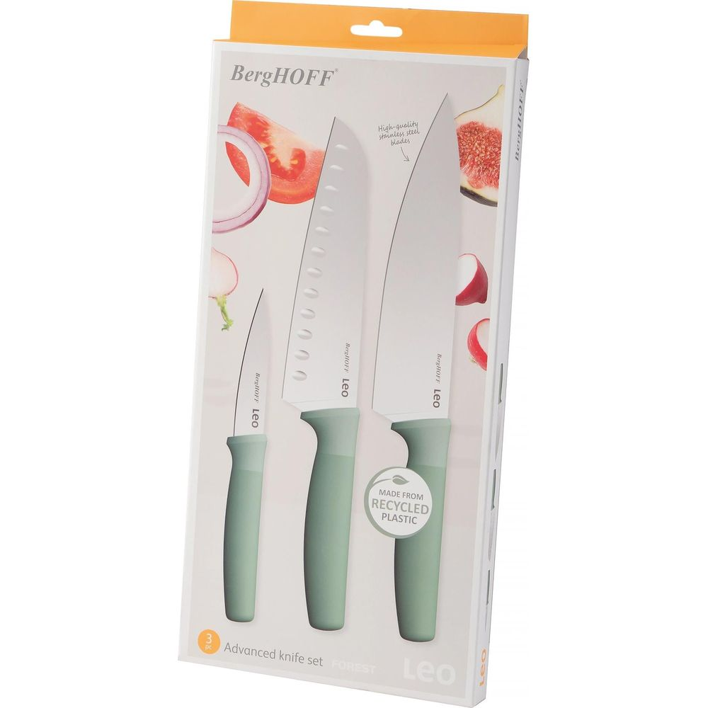 BergHOFF knife set with three knives and green handles. High-quality stainless steel blades.