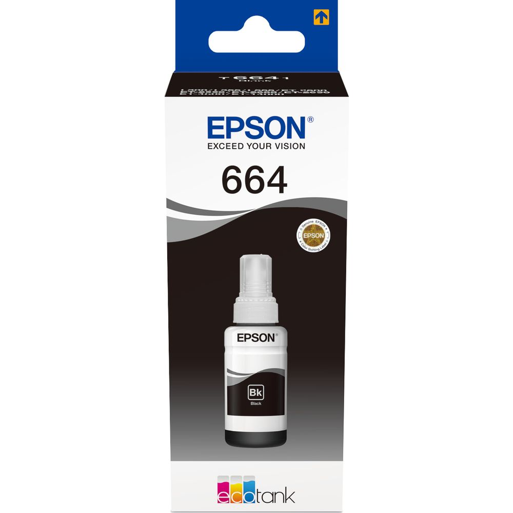 Tusz Epson 664, czarna etykieta butelki z logo Epson i napisem Ecofont.
