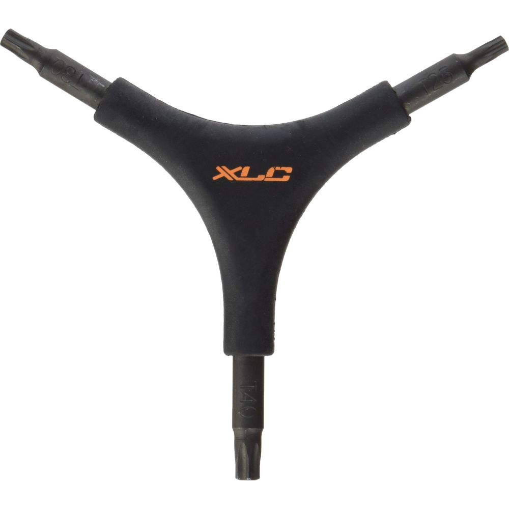 Czarne narzędzie w kształcie litery Y z końcówkami Torx i pomarańczowym logo XLC.