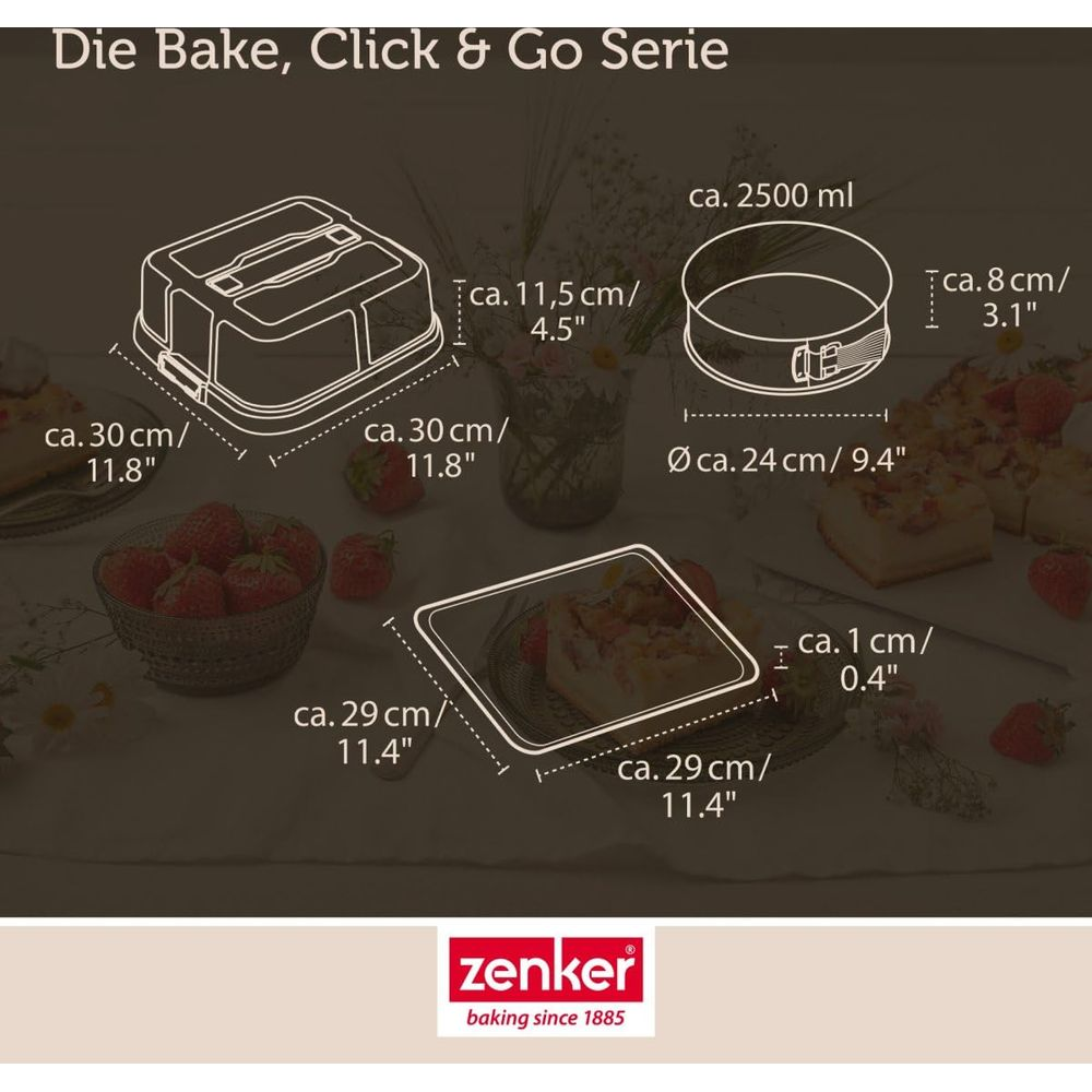 Vue d'ensemble des produits Zenker Bake Click & Go avec dimensions.