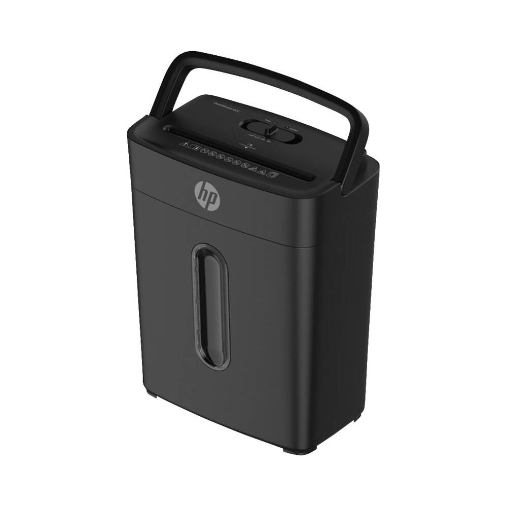 Distruggidocumenti HP nero con manico e finestra di ispezione.