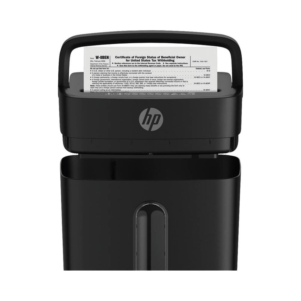 Un distruggidocumenti nero con logo HP e modulo W-8BEN.