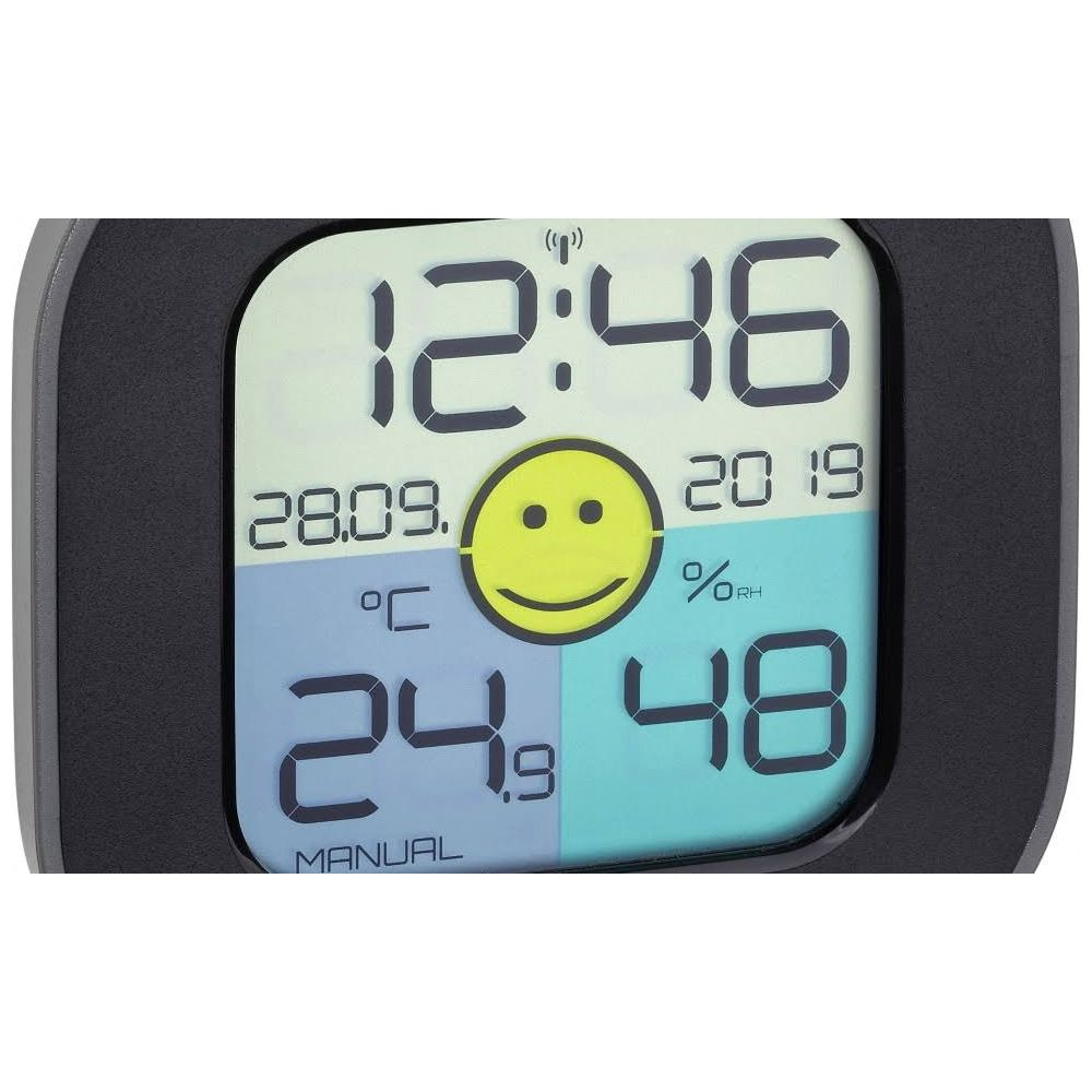 Digitaluhr zeigt 12:46, Datum 28.09.2019, Temperatur 24.9C, Luftfeuchtigkeit 48%.