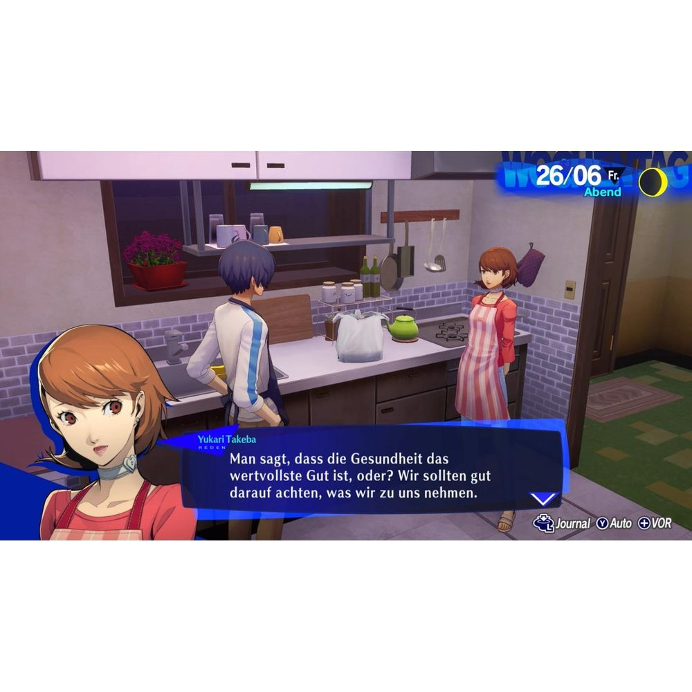 Due personaggi in una cucina. Un uomo in camicia blu, una donna con grembiule.