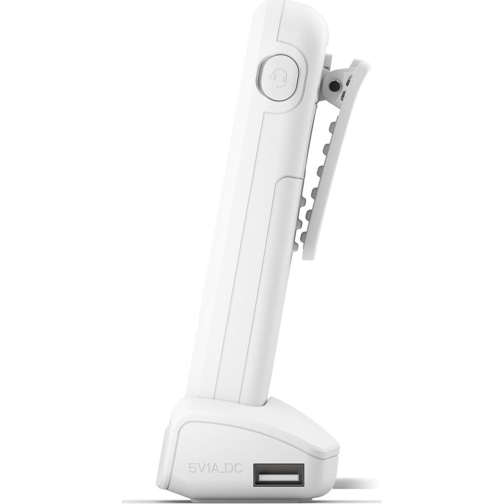 Ein weißes Ladegehäuse mit einem USB-Anschluss und einem Clip