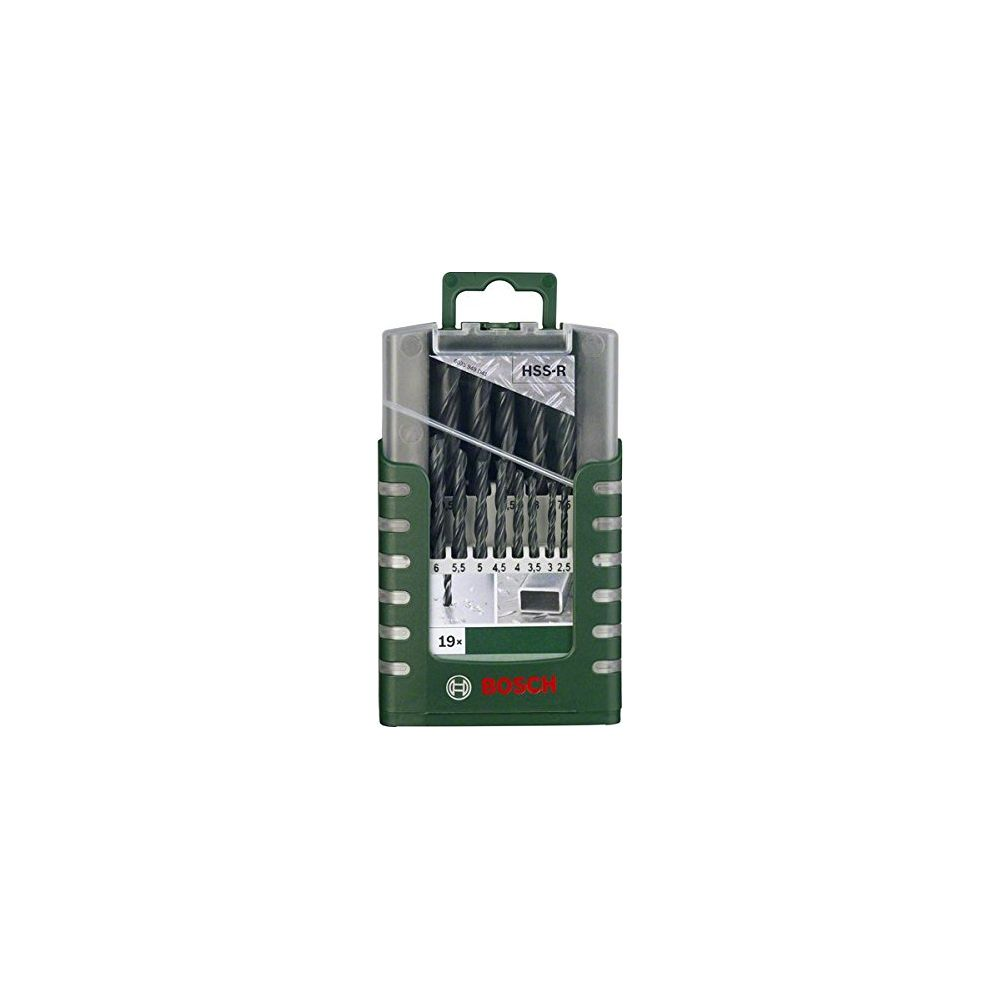 Un set di punte per trapano Bosch HSS-R in metallo in una custodia di plastica verde con manico.