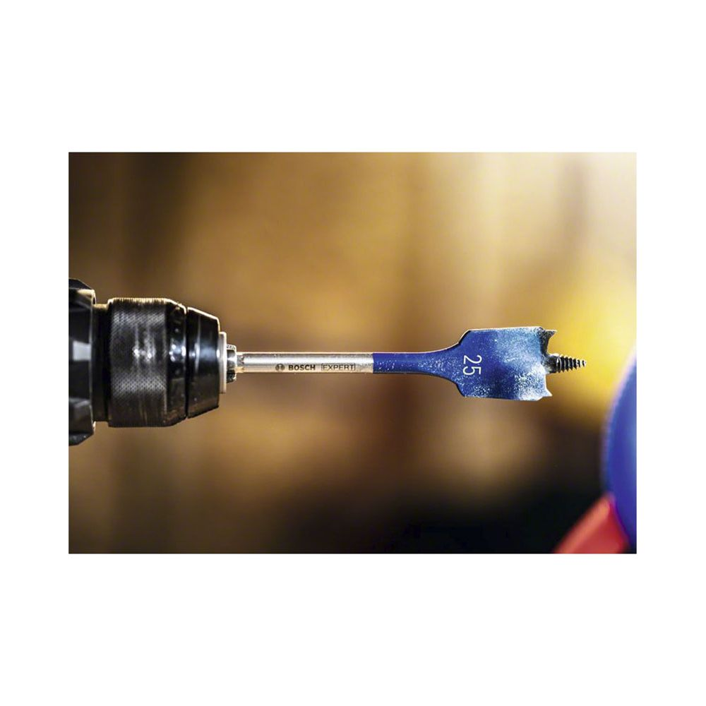 Niebieski wiertło płaskie Bosch, oznaczone 25, zamocowane do wiertarki.