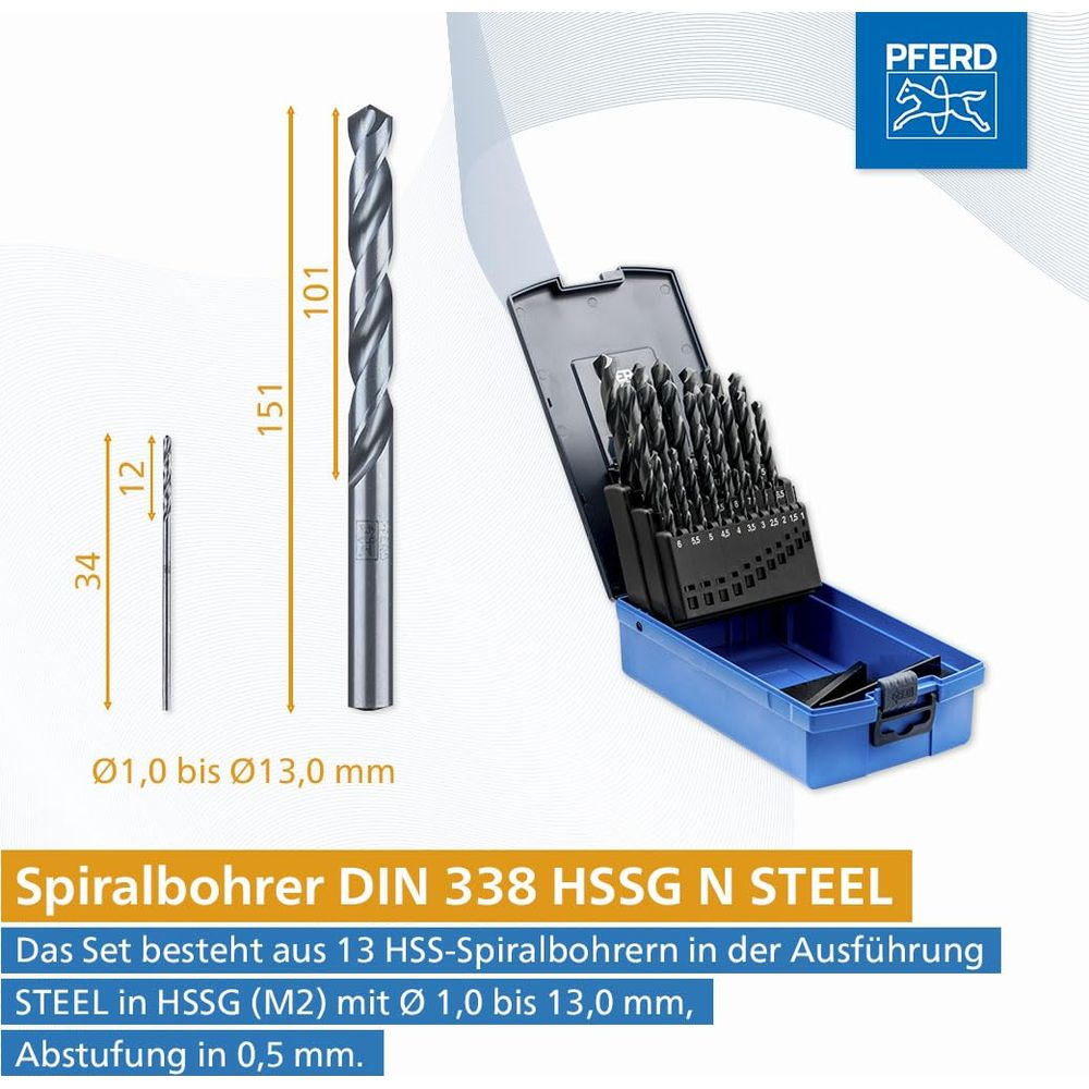 Bohrer-Set: 13 HSS-Spiralbohrer von Ø 1,0-13,0 mm in blauem Koffer.