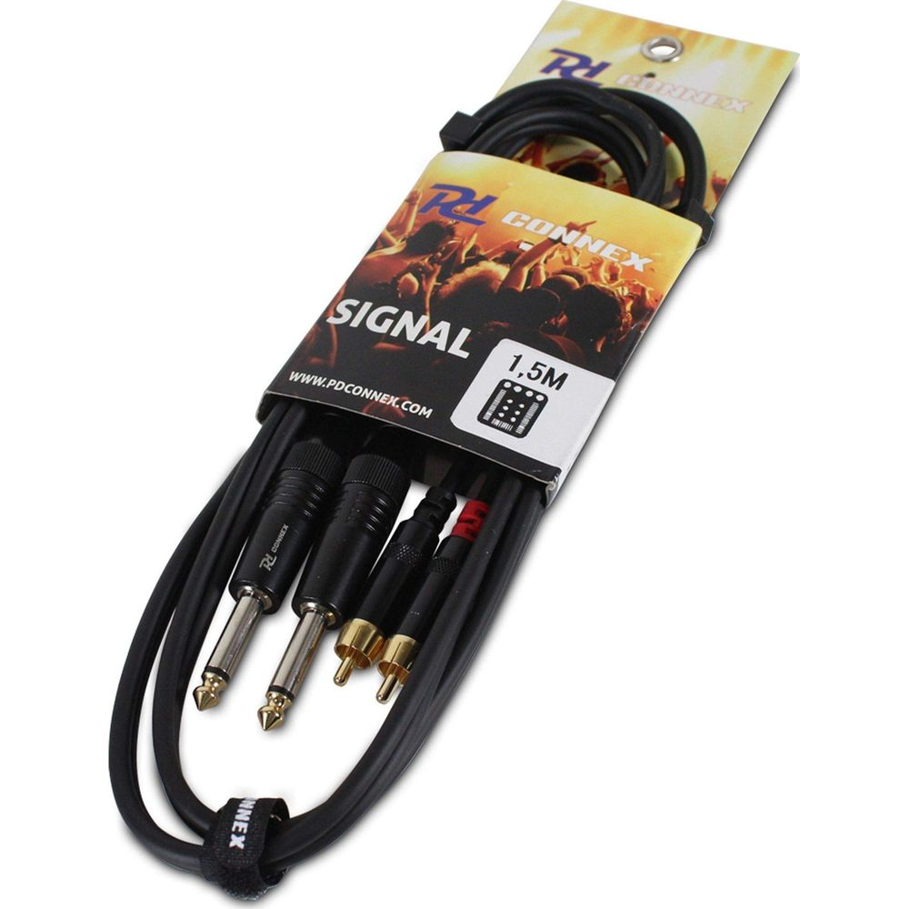 Un cable de señal con varios conectores, empaquetado con imagen de concierto.