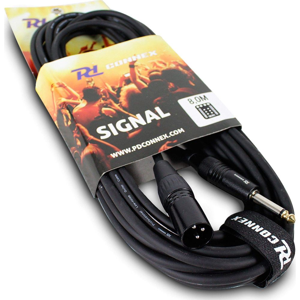 Cable de audio negro con conectores XLR y jack, empaquetado con motivo de concierto.