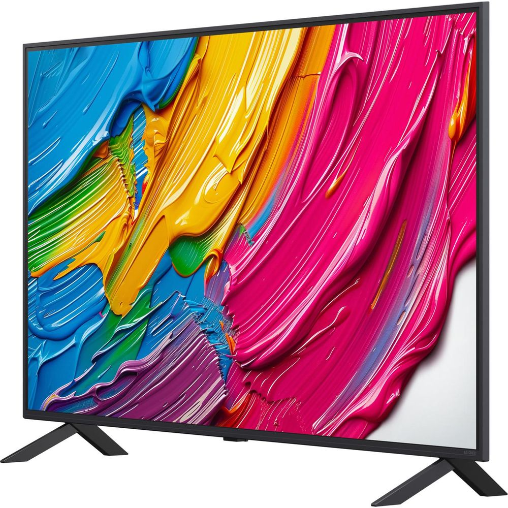 Un televisor negro moderno con un salvapantallas abstracto vibrante.