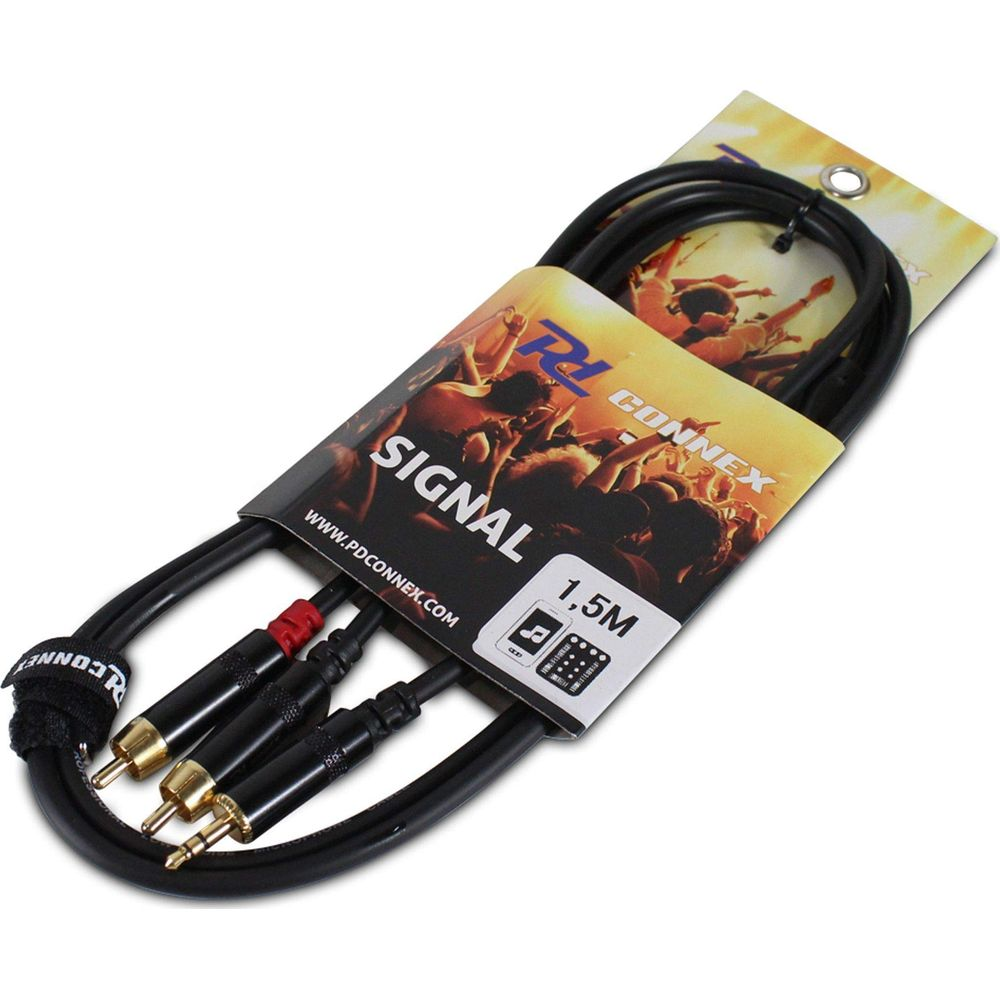 Cable de audio negro con conectores dorados y detalles rojos en el embalaje con gráficos de multitud.